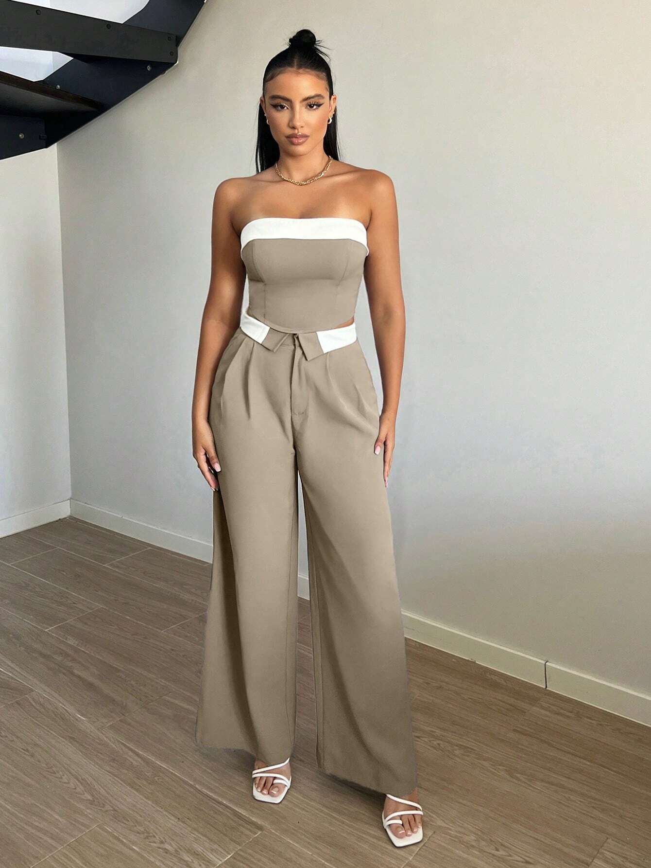 SXY Contrast Trim Wide Leg Suit Pants