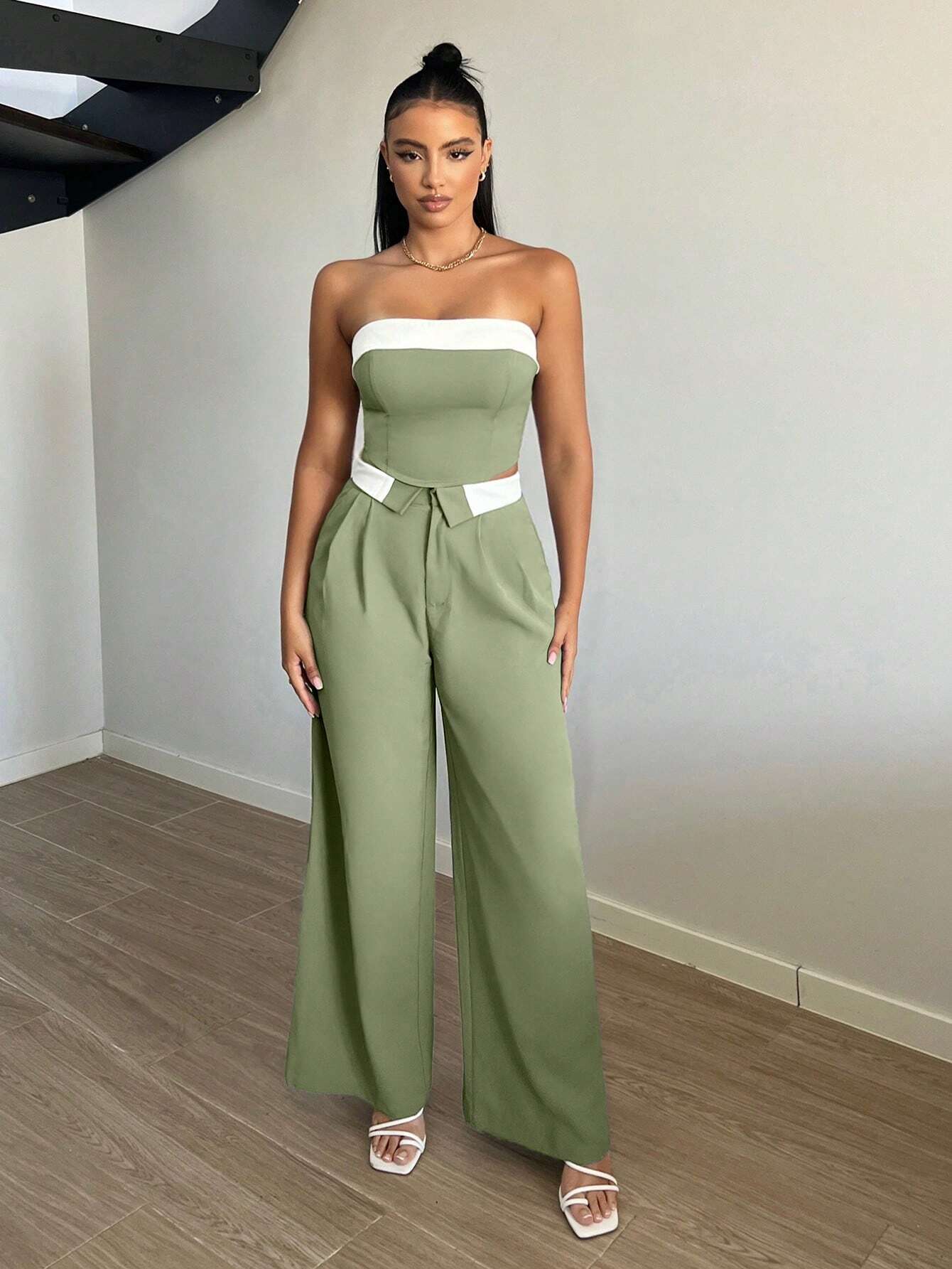 SXY Contrast Trim Wide Leg Suit Pants