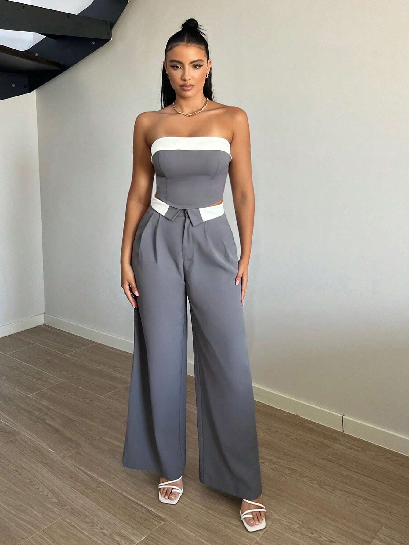 SXY Contrast Trim Wide Leg Suit Pants