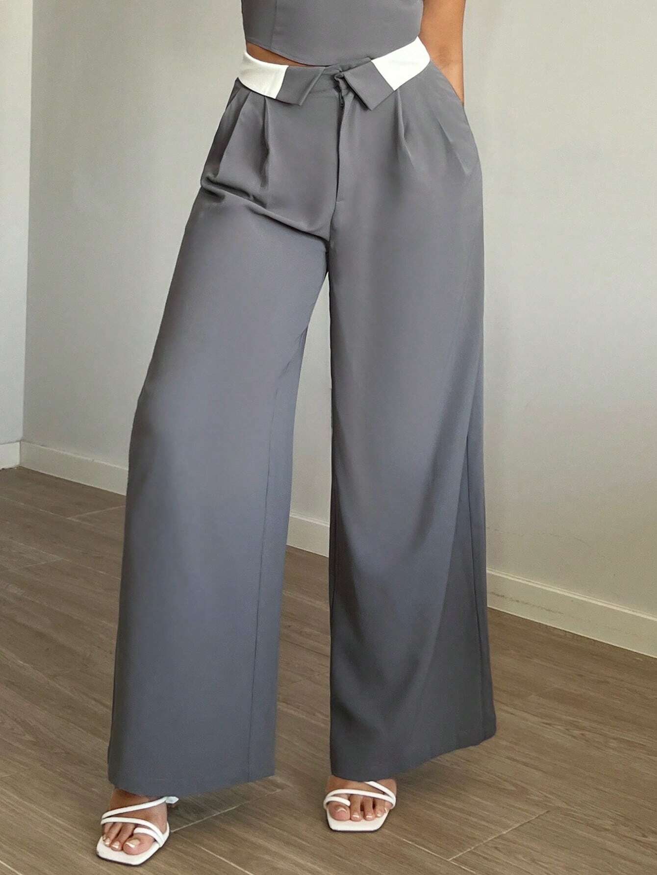 SXY Contrast Trim Wide Leg Suit Pants