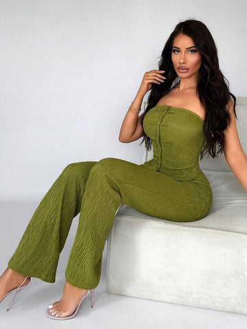 SXY Ladies' Sexy Texture Green Tube Top With Button & Flared Pants Set