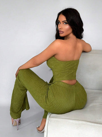 SXY Ladies' Sexy Texture Green Tube Top With Button & Flared Pants Set