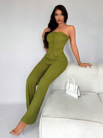 SXY Ladies' Sexy Texture Green Tube Top With Button & Flared Pants Set