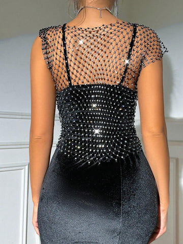 SXY Rhinestone Detail Mesh Tank Top