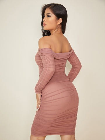 SXY Ruched Off Shoulder Mesh Bodycon Dress