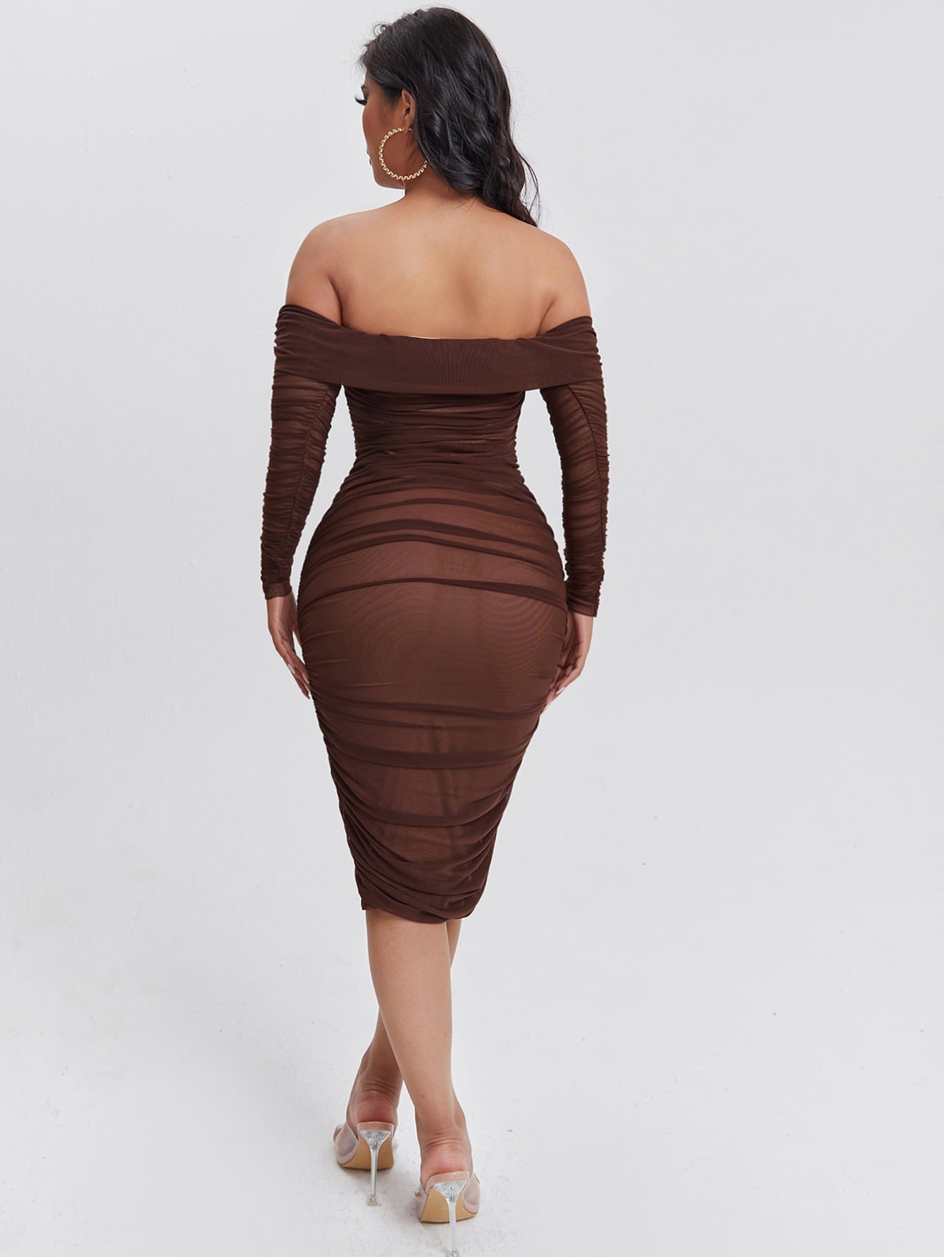 SXY Ruched Off Shoulder Mesh Bodycon Dress