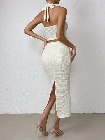 SXY Solid Halter Top & Split Back Skirt