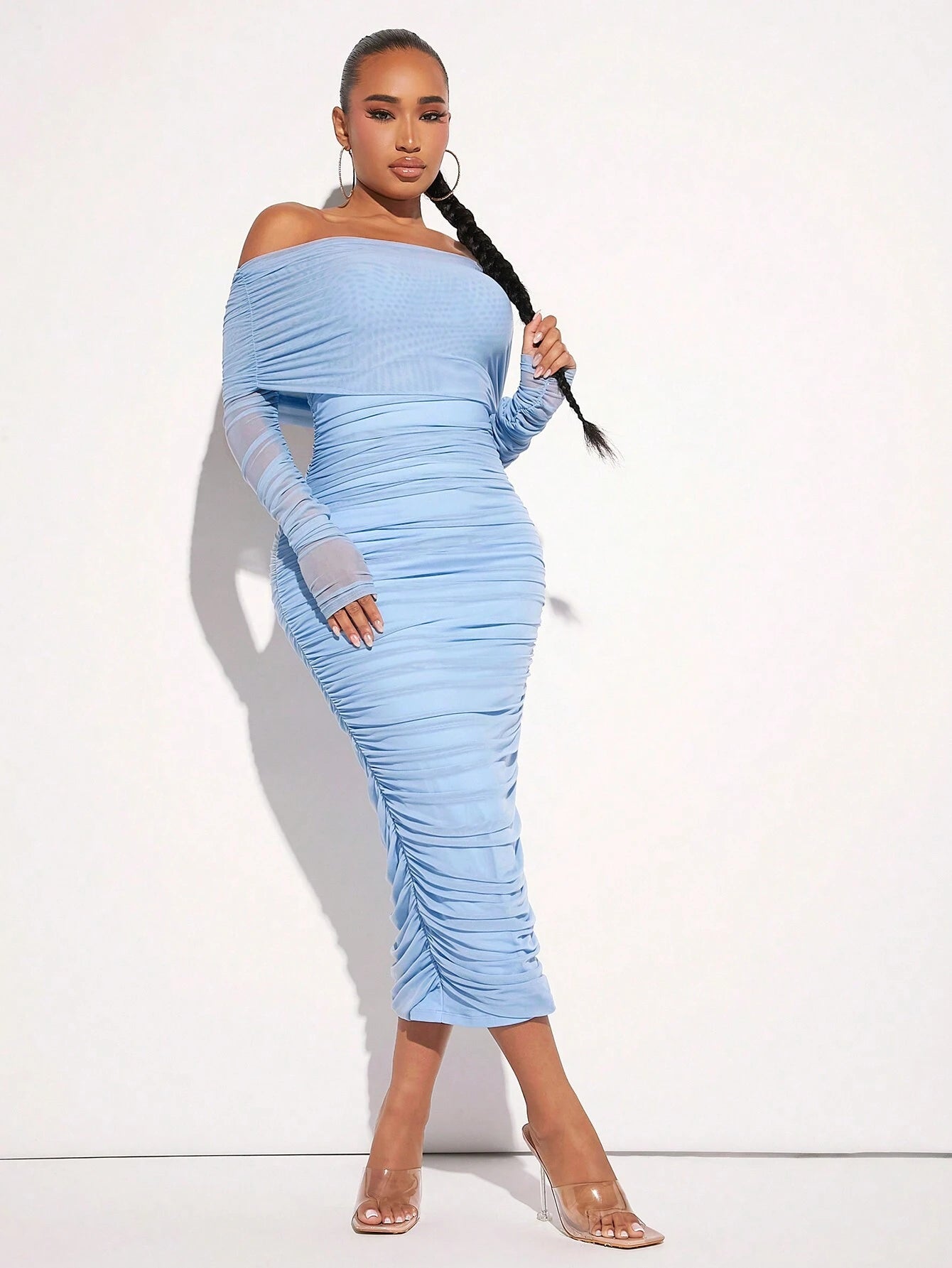 SXY Spring And Summer Elegant White Long-Sleeved Off-Shoulder Pleated Mesh Bodycon Dress