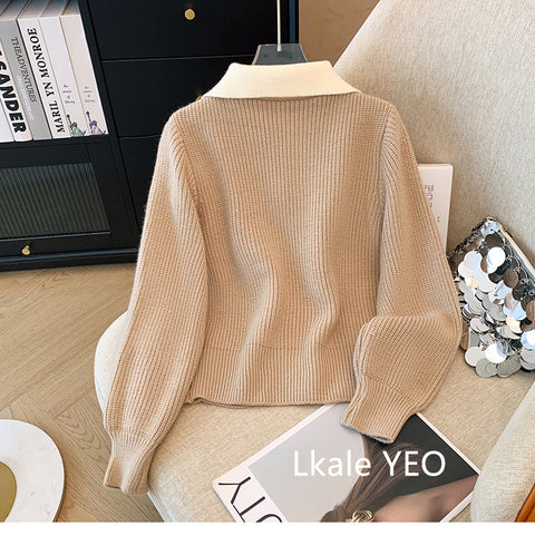 Splicing Slim Women Knitted Cardigan Sweater Jacket Fashion Fake Two Items Loose Ladies Top