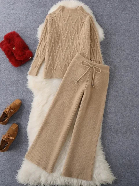 Korean Fashion O Neck Knitted Sweater Top Casual Loose Lace Up Wide Leg Pant Sets