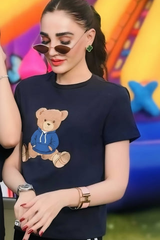 Cute Teddy Bear Embroidery Cotton Blend Short Sleeve T-Shirt