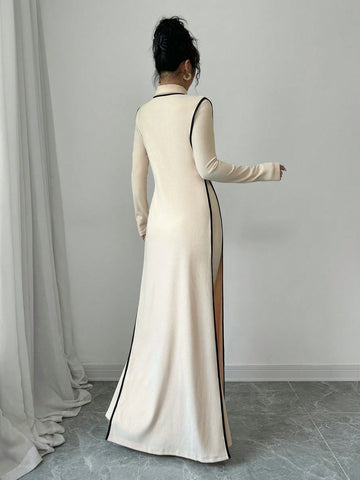 Women Knitted Ribbed High Neck Dress With Contrast Trim Fall
