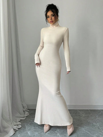 Women Knitted Ribbed High Neck Dress With Contrast Trim Fall