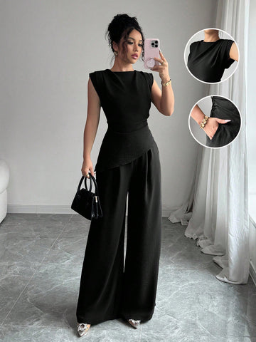 Women Solid Color Textured Pleated Round Neck Sleeveless Top Jumpsuit