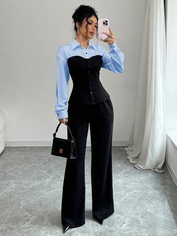 Slim Fit Color-Blocking Blouse And Pants