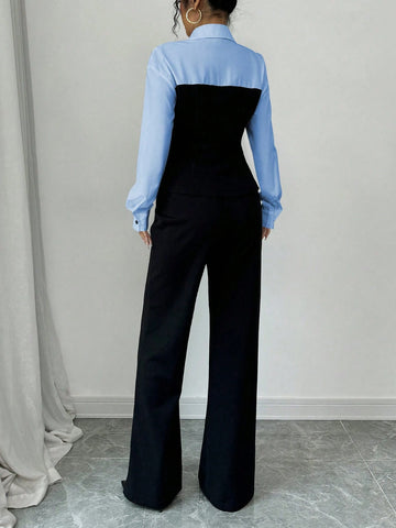 Slim Fit Color-Blocking Blouse And Pants