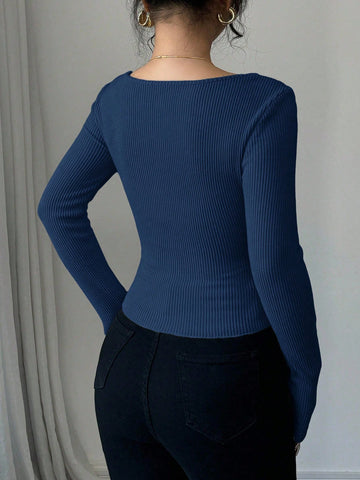 Color Block Square Neck Long Sleeve Asymmetrical Hem Slim Fit Velvet T-Shirt Graphic Tees