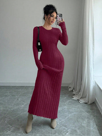 Women Solid Color Ribbed Long Sweater Dress
