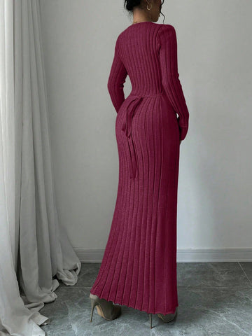 Women Solid Color Ribbed Long Sweater Dress