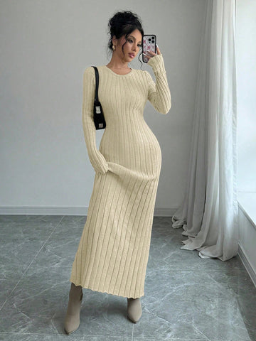 Women Solid Color Ribbed Long Sweater Dress