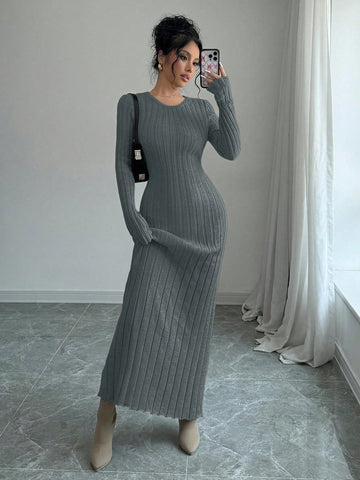 Women Solid Color Ribbed Long Sweater Dress