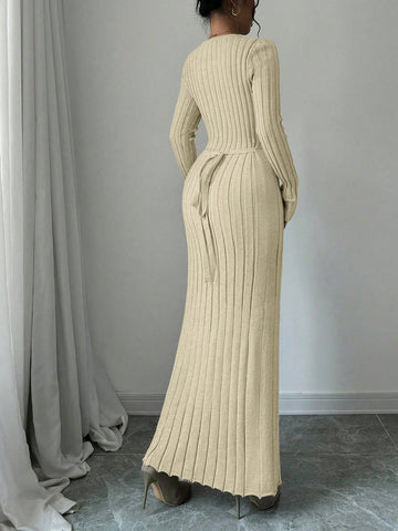 Women Solid Color Ribbed Long Sweater Dress