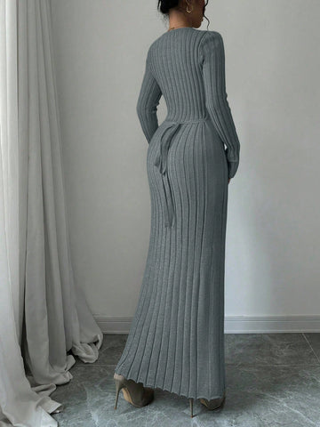 Women Solid Color Ribbed Long Sweater Dress