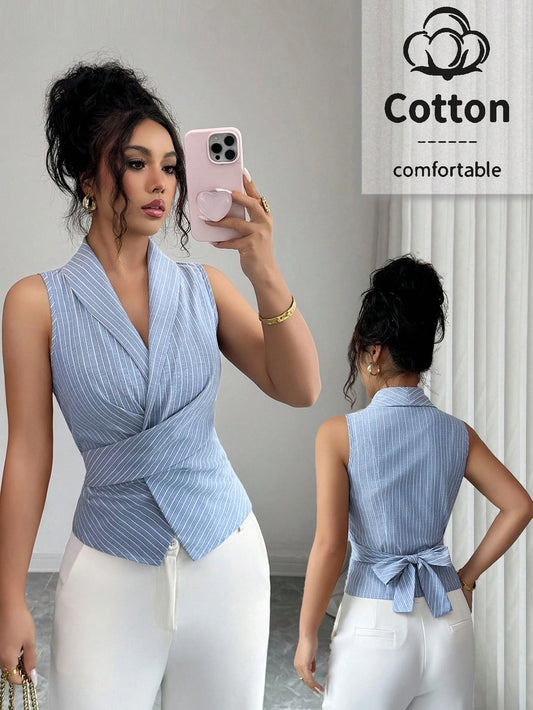 Women's Sleeveless V-Neck Tie Waist Bow Elegant Blouse