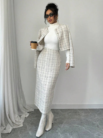 2pcs Plaid Crop Jacket And Skirt