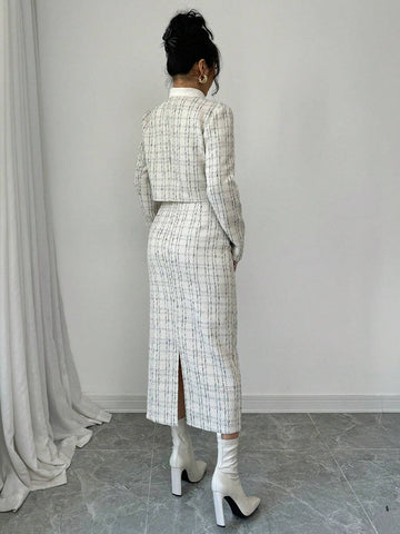 2pcs Plaid Crop Jacket And Skirt