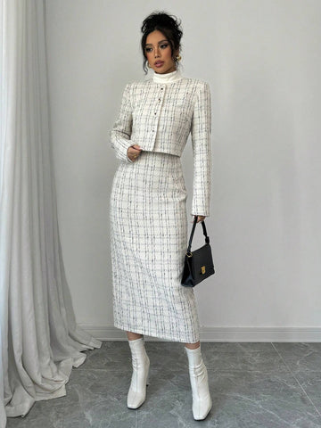 2pcs Plaid Crop Jacket And Skirt