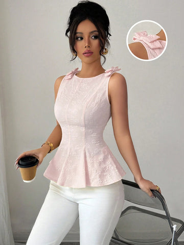 Woven Texture Floral Print Women's Top With Bowknot Shoulder Strap