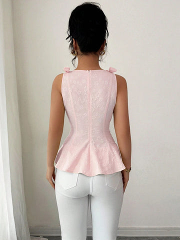 Woven Texture Floral Print Women's Top With Bowknot Shoulder Strap