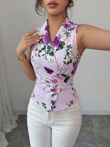 Women's Sleeveless V-Neck Tie Waist Bow Elegant Blouse