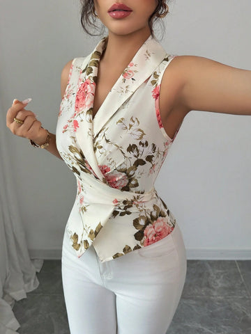 Women's Sleeveless V-Neck Tie Waist Bow Elegant Blouse
