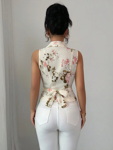 Women's Sleeveless V-Neck Tie Waist Bow Elegant Blouse