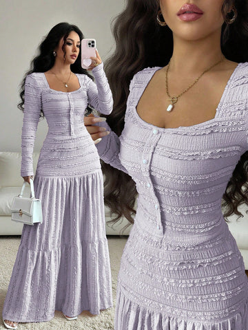 Vacation Style Long Sleeve Square Neck Button-Up Top With Paneled Design And Flared Skirt