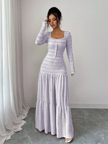 Vacation Style Long Sleeve Square Neck Button-Up Top With Paneled Design And Flared Skirt
