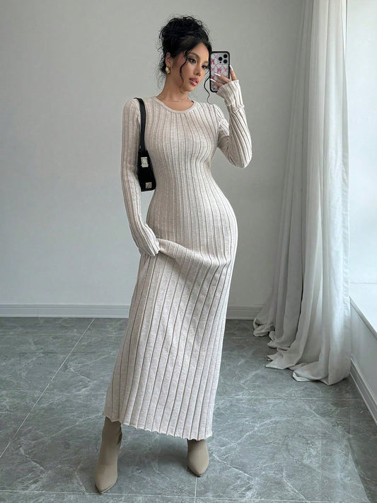Women Solid Color Ribbed Long Sweater Dress