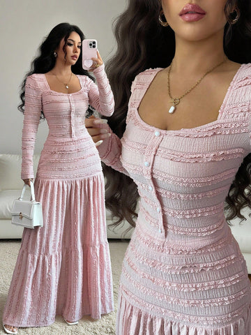 Vacation Style Long Sleeve Square Neck Button-Up Top With Paneled Design And Flared Skirt