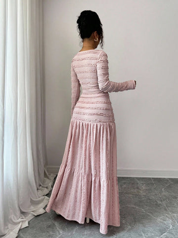 Vacation Style Long Sleeve Square Neck Button-Up Top With Paneled Design And Flared Skirt