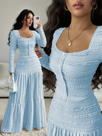 Vacation Style Long Sleeve Square Neck Button-Up Top With Paneled Design And Flared Skirt