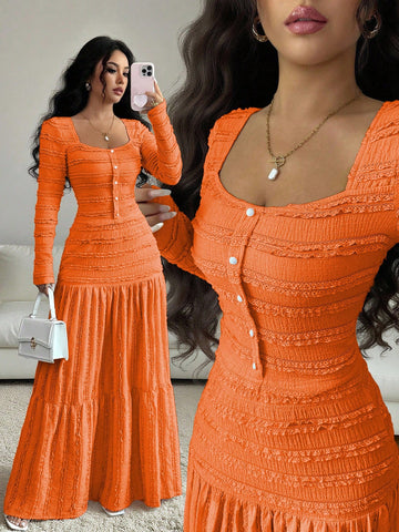 Vacation Style Long Sleeve Square Neck Button-Up Top With Paneled Design And Flared Skirt