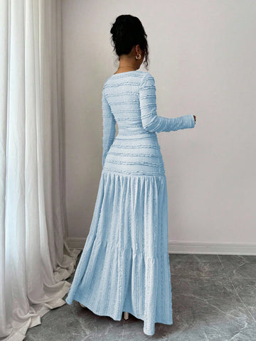 Vacation Style Long Sleeve Square Neck Button-Up Top With Paneled Design And Flared Skirt