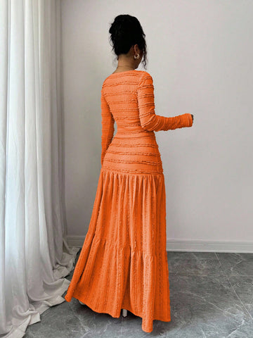 Vacation Style Long Sleeve Square Neck Button-Up Top With Paneled Design And Flared Skirt