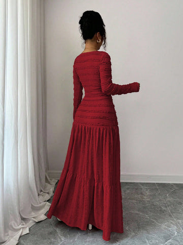 Vacation Style Long Sleeve Square Neck Button-Up Top With Paneled Design And Flared Skirt