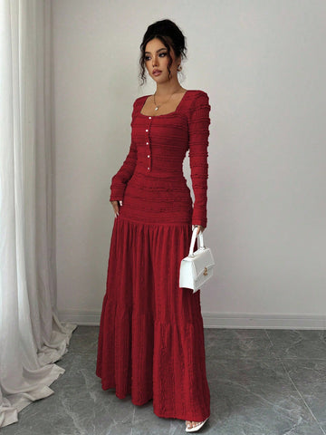 Vacation Style Long Sleeve Square Neck Button-Up Top With Paneled Design And Flared Skirt