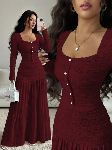 Vacation Style Long Sleeve Square Neck Button-Up Top With Paneled Design And Flared Skirt