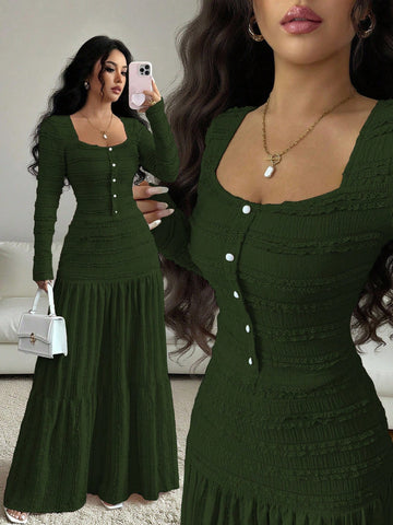 Vacation Style Long Sleeve Square Neck Button-Up Top With Paneled Design And Flared Skirt