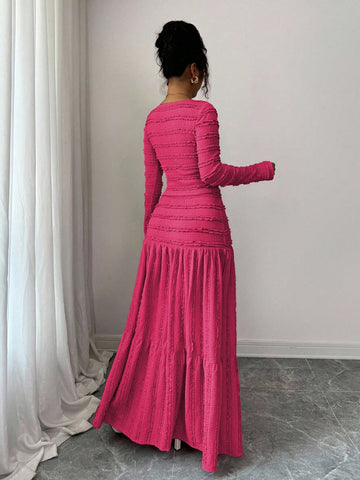 Vacation Style Long Sleeve Square Neck Button-Up Top With Paneled Design And Flared Skirt